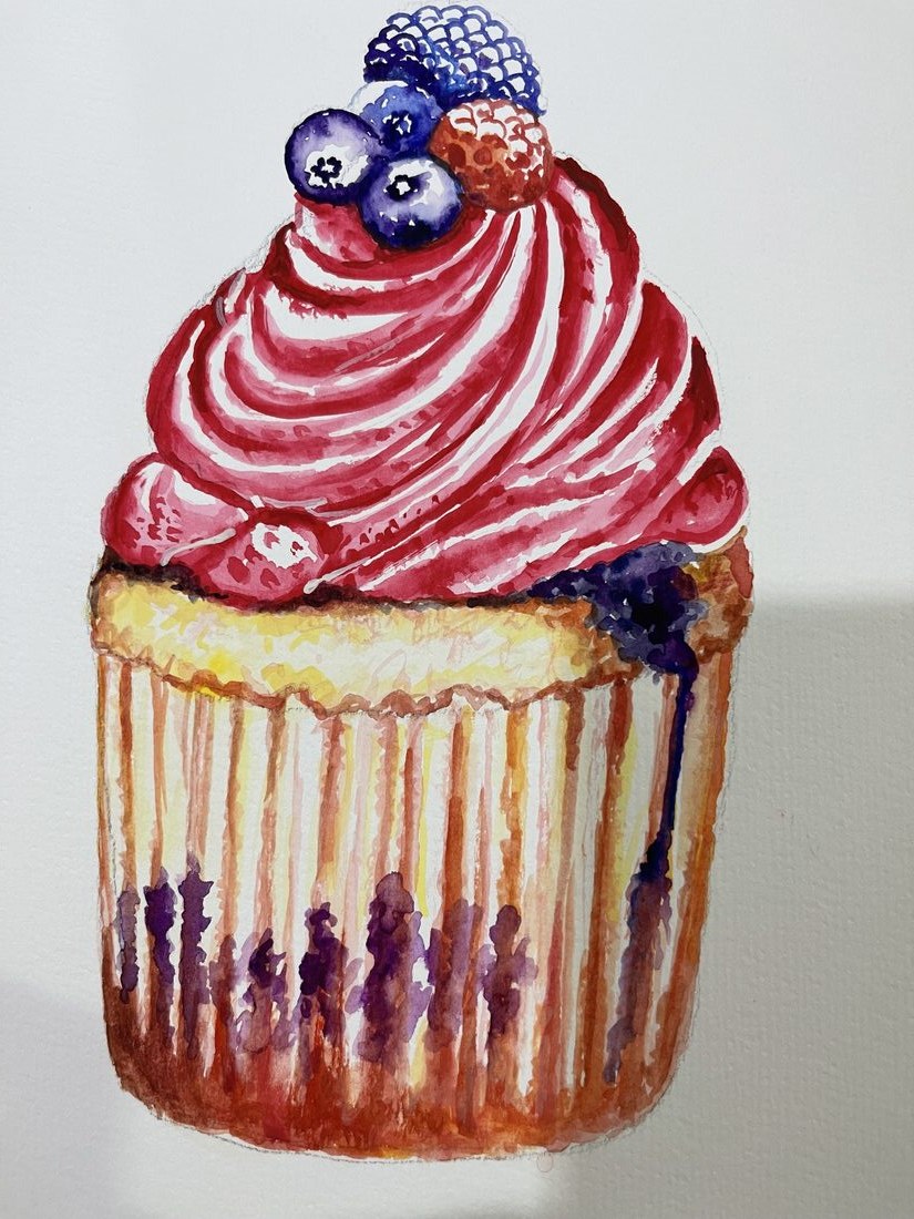 Watercolor of a berry muffin with swirled berry frosting