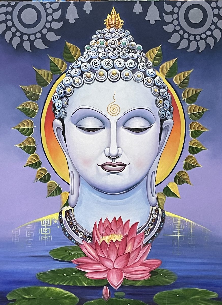 Buddha with lotus and leaves