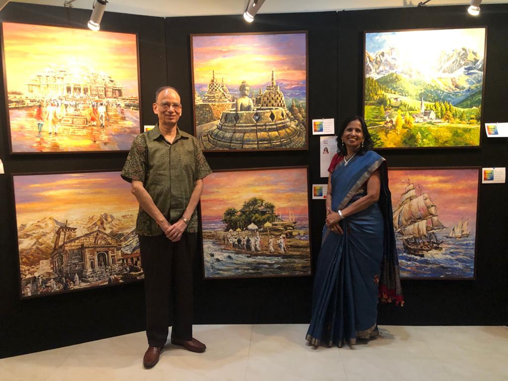 Vijay Laxmi Birla with visitors at her painting exhibition