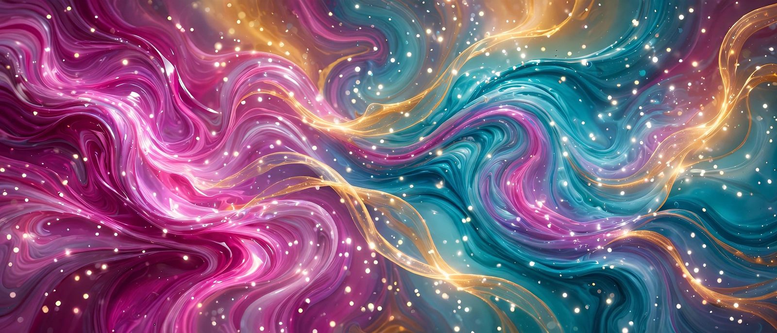 Vibrant abstract painting of swirling magenta, teal and gold