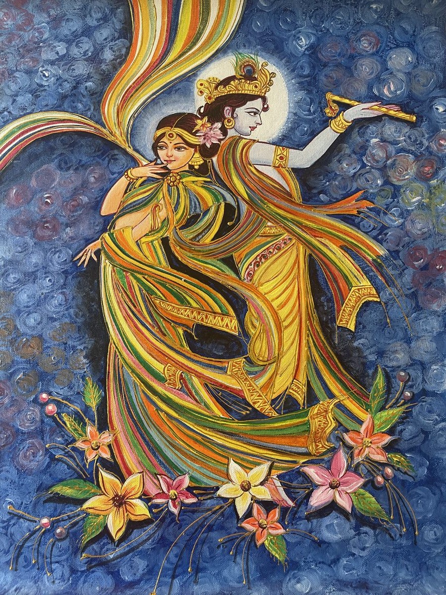 Krishna playing the flute as Radha dances