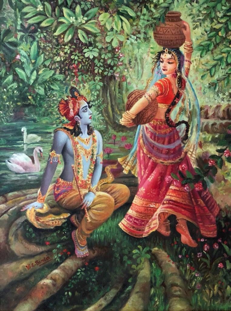 Krishna with a gopi in the forest