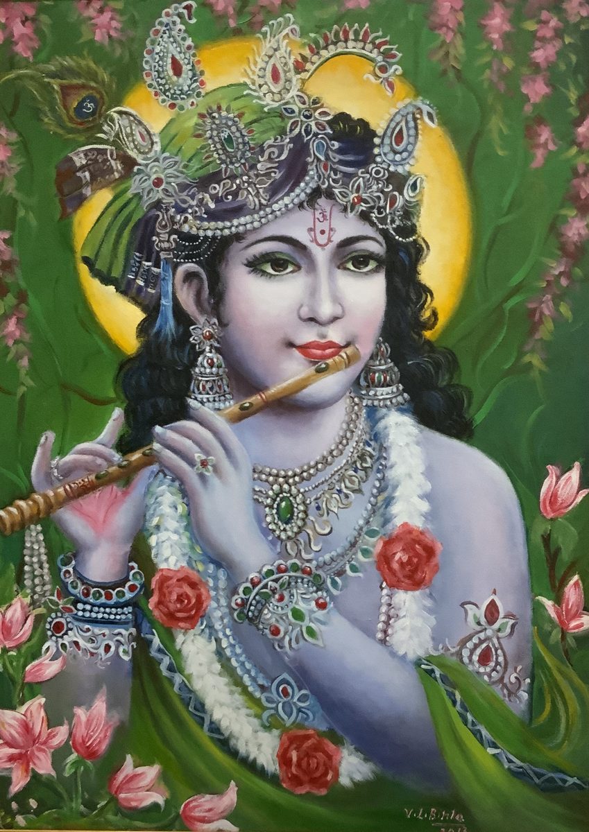 Krishna playing the flute among flowers
