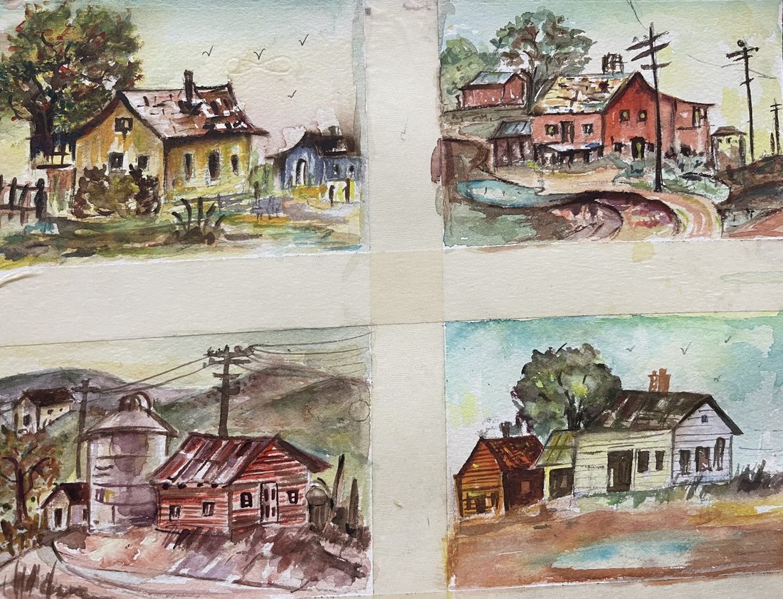 Four watercolor landscape studies of houses and barns