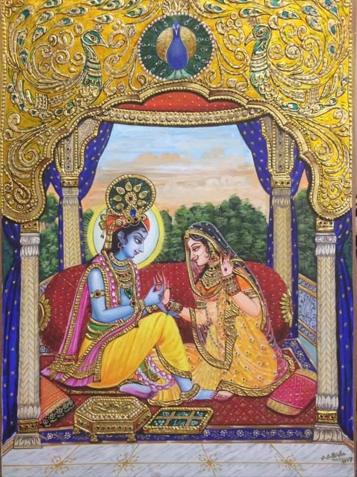 Radha and Krishna in a pavilion