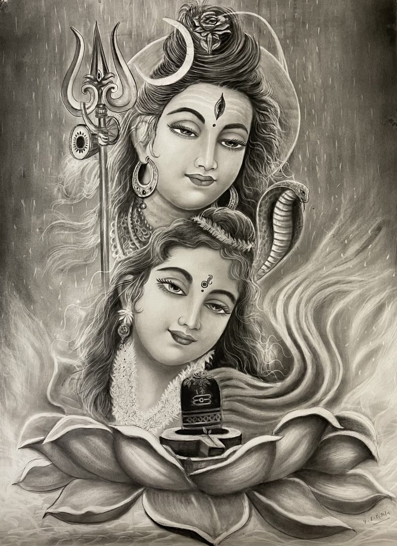 Pencil sketch of Shiva and Parvati with a Shiva lingam resting on a lotus